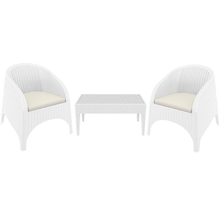 Set mobilier terasa/gradina 2 fotolii ARUBA cu masuta cafea MIAMI 93x53xh45cm polipropilen/fibra sticla culoare alba + 2 perne