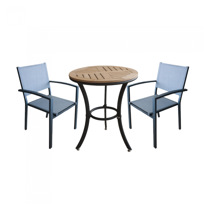 Set mobila pentru terasa/balcon RAKI HUNA masa rotunda  polywood   78xh74cm cu 2 scaune cu brate din panza cu cadru aluminiu