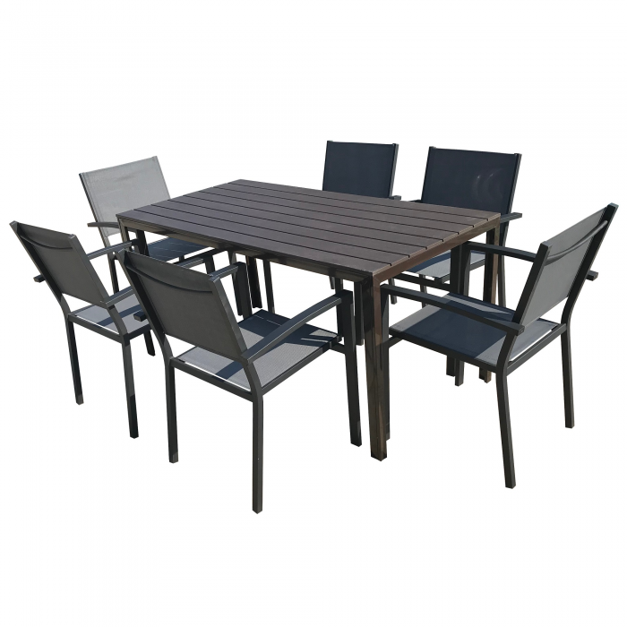 Mobilier pentru terasa/gradina RAKI BAKA masa  maro   156x78xh74cm cu 6 scaune cu brate din panza cu cadru aluminiu