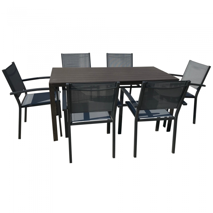 Mobilier pentru terasa/gradina RAKI BAKA masa  maro   156x78xh74cm cu 6 scaune cu brate din panza cu cadru aluminiu