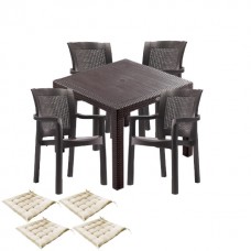 Set exterior gradina CULINARO KEILA imitatie ratan, masa patrata 90x90x75cm, 4 scaune 57x60xH90cm polipropilena/fibra sticla maro, 4 perne scaun