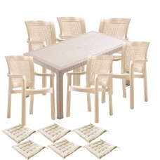 Set curte, gradina CULINARO KEILA imitatie ratan, masa 90x150x75cm, 6 scaune 57x60xH90cm polipropilena/fibra sticla culoare cappuccino, 6 perne scaun