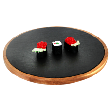 Set Platou servire rotund RAKI 32x1,5cm ardezie cu suport lemn