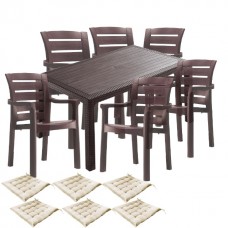 Set mobila gradina, terasa CULINARO PALMSE imitatie ratan, masa 90x150x75cm, 6 scaune D60xH90xW57xSH45cm polipropilena/fibra sticla maro, 6 perne scaun