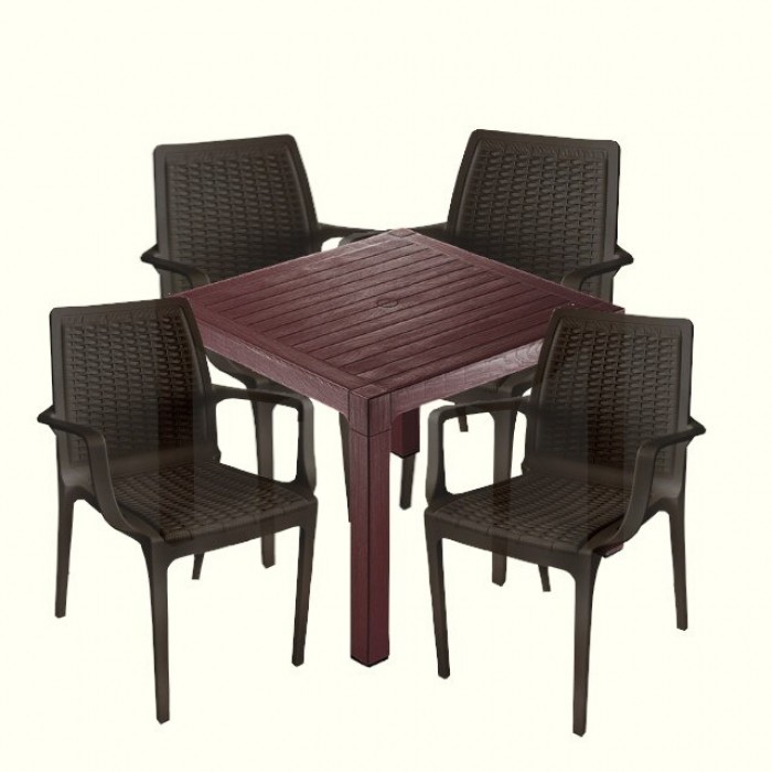 Set exterior gradina CULINARO VINI, masa patrata 90x90x75cm, 4 scaune 58,5x56,5xH85cm polipropilena/fibra sticla maro