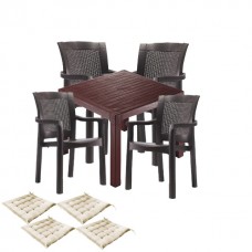 Set exterior gradina CULINARO RISTI, masa patrata 90x90x75cm, 4 scaune 57x60xH90cm polipropilena/fibra sticla maro, 4 perne scaun