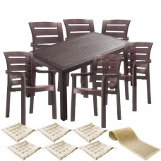 Set mobila curte, terasa CULINARO PALMSE imitatie ratan, masa 90x150x75cm, 6 scaune D60xH90xW57xSH45cm polipropilena/fibra sticla maro, 6 perne scaun, traversa 