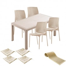 Set mobila gradina CULINARO VIHULA imitatie ratan, masa 90x150x75cm, 4 scaune D56xH84xW45xSH45cm polipropilena/fibra sticla culoare cappuccino, 4 perne scaun, traversa PANARI 40x150cm