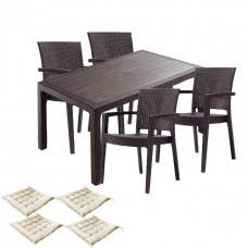 Set mobilier terasa CULINARO SILLAMAEE imitatie ratan, masa 90x150x75cm, 4 scaune 62x58xH88cm polipropilena/fibra sticla maro, 4 perne scaun