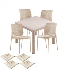 Set mobilier gradina CULINARO VIHULA imitatie ratan, masa patrata 90x90x75cm, 4 scaune D56xH84xW45xSH45cm polipropilena/fibra sticla culoare cappuccino, 4 perne scaun