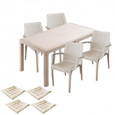 Mobila gradina CULINARO SAKU imitatie ratan, masa 90x150x75cm, 4 scaune 57x57xH84cm polipropilena/fibra sticla culoare cappuccino, 4 perne scaun