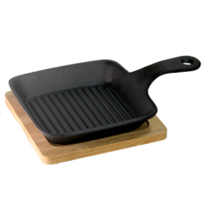 Mini tigaie grill fonta patrata RAKI 14x14cm cu suport bambus