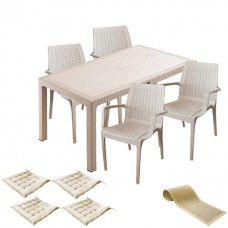 Set mobila gradina CULINARO SAKU imitatie ratan, masa 90x150x75cm, 4 scaune 57x57xH84cm polipropilena/fibra sticla culoare cappuccino, 4 perne scaun, traversa 