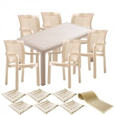 Set exterior gradina, terasa CULINARO KEILA imitatie ratan, masa 90x150x75cm, 6 scaune 57x60xH90cm polipropilena/fibra sticla culoare cappuccino, 6 perne scaun, traversa 