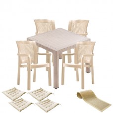 Set terasa CULINARO KEILA imitatie ratan, masa patrata 90x90x75cm, 4 scaune 57x60xH90cm polipropilena/fibra sticla culoare cappuccino, 4 perne scaun, traversa 