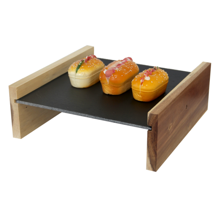 Set platou ardezie 27x25x0,4cm cu suport din lemn salcam 27x10x1,5cm RAKI