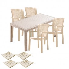 Mobila gradina CULINARO KEILA imitatie ratan, masa 90x150x75cm, 4 scaune 57x60xH90cm polipropilena/fibra sticla culoare cappuccino, 4 perne scaun