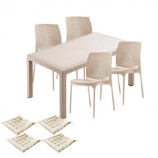 Mobila gradina CULINARO VIHULA imitatie ratan, masa 90x150x75cm, 4 scaune D56xH84xW45xSH45cm polipropilena/fibra sticla culoare cappuccino, 4 perne scaun