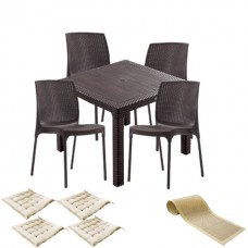 Mobilier exterior CULINARO VIHULA imitatie ratan, masa patrata 90x90x75cm, 4 scaune D56xH84xW45xSH45cm polipropilena/fibra sticla maro, 4 perne scaun, traversa PANARI 40x150cm