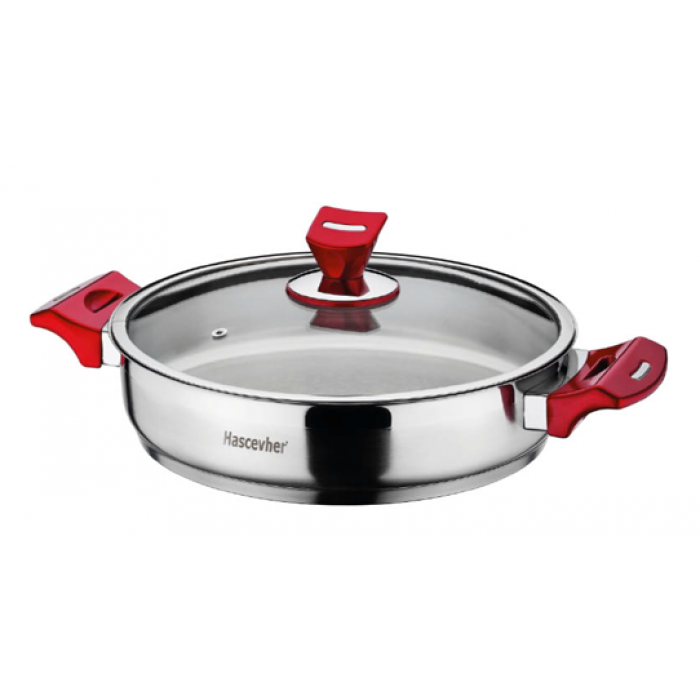Cratita inox cu capac sticla si manere rosii, inductie, HASCEVHER YAPRAK 26xh6cm, 2,5l