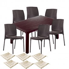 Set exterior gradina CULINARO KAHTLA, masa 90x150x75cm, 6 scaune 44x45xH84cm polipropilena/fibra sticla maro, 6 perne scaun