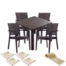 Mobilier exterior CULINARO SILLAMAEE imitatie ratan, masa patrata 90x90x75cm, 4 scaune 62x58xH88cm polipropilena/fibra sticla maro, 4 perne scaun, traversa 