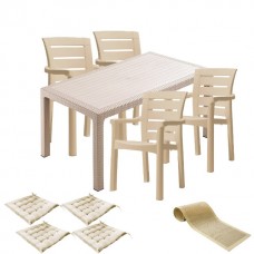 Set mobila gradina CULINARO PALMSE imitatie ratan, masa 90x150x75cm, 4 scaune D60xH90xW57xSH45cm polipropilena/fibra sticla culoare cappuccino, 4 perne scaun, traversa 