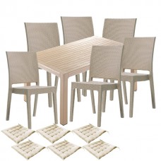 Set gradina, terasa CULINARO LIHULU, masa 90x150x75cm, 6 scaune 59x44xH88cm polipropilena/fibra sticla culoare cappuccino, 6 perne scaun