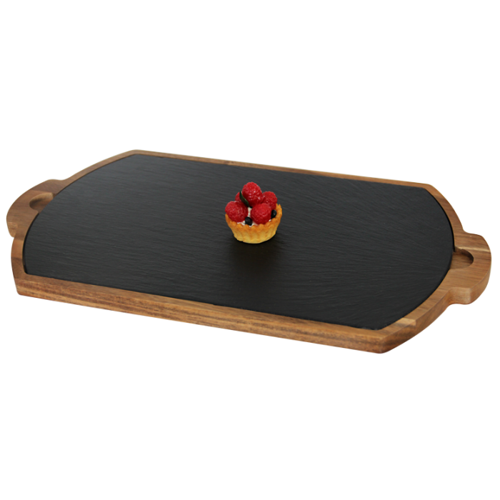 Set Platou servire ardezie RAKI 32x19cm cu suport lemn 39x22cm