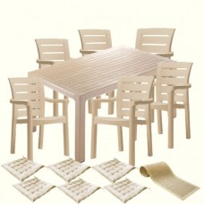 Set exterior gradina CULINARO PARNU, masa 90x150x75cm, 6 scaune D60xH90xW57xSH45cm polipropilena/fibra sticla culoare cappuccino, 6 perne scaun, traversa 