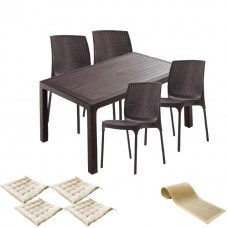 Mobiler terasa set CULINARO VIHULA imitatie ratan, masa 90x150x75cm, 4 scaune D56xH84xW45xSH45cm polipropilena/fibra sticla maro, 4 perne scaun, traversa PANARI 40x150cm