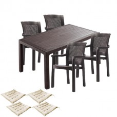 Set mobilier terasa CULINARO KEILA imitatie ratan, masa 90x150x75cm, 4 scaune 57x60xH90cm polipropilena/fibra sticla maro, 4 perne scaun