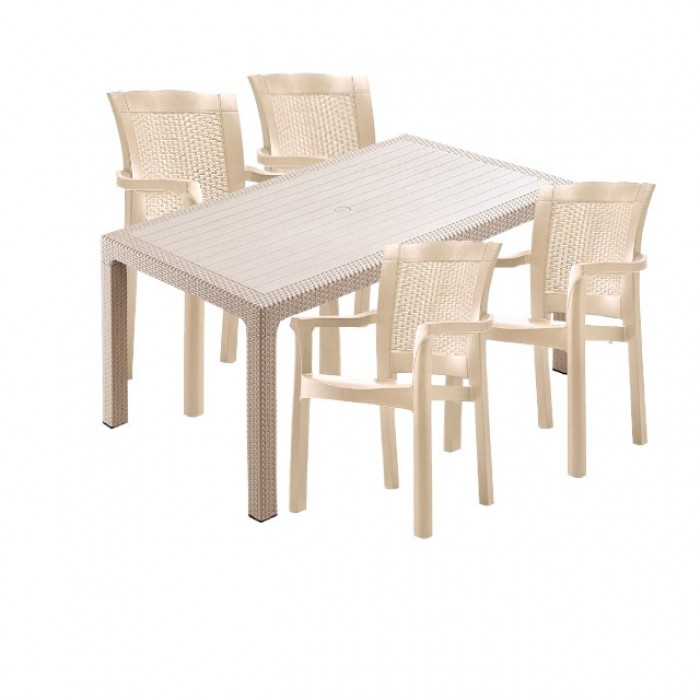 Mobila exterior CULINARO KEILA imitatie ratan, masa 90x150x75cm, 4 scaune 57x60xH90cm polipropilena/fibra sticla culoare cappuccino