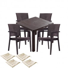Set exterior gradina CULINARO SILLAMAEE imitatie ratan, masa patrata 90x90x75cm, 4 scaune 62x58xH88cm polipropilena/fibra sticla maro, 4 perne scaun