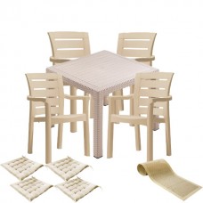 Set terasa CULINARO PALMSE imitatie ratan, masa patrata 90x90x75cm, 4 scaune D60xH90xW57xSH45cm polipropilena/fibra sticla culoare cappuccino, 4 perne scaun, traversa 