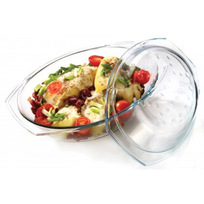 Vas yena cu capac WOL oval, sticla termorezistenta 2,9l 33,2x20,3xh11,1cm, cu grill antiaderent si picurator