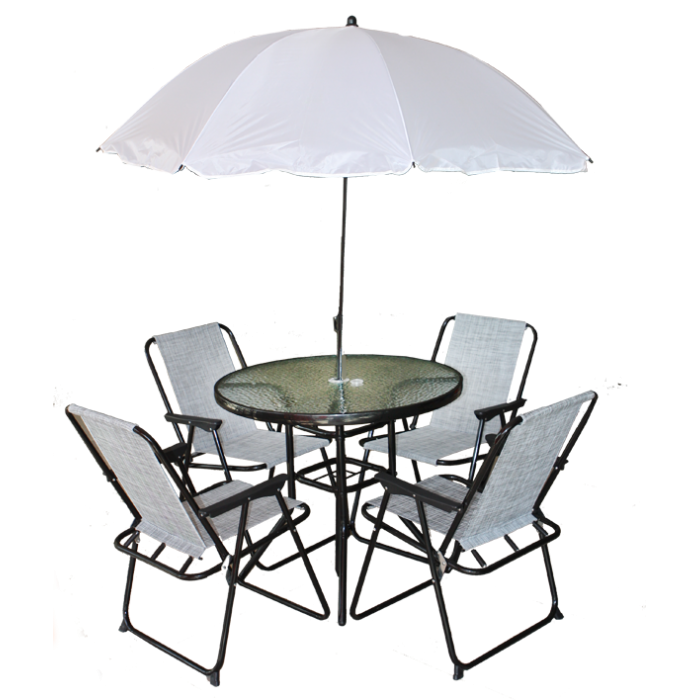 Set mobilier terasa/gradina RAKI, masa rotunda D80cm, umbrela D150cm alba si 4 scaune pliabile