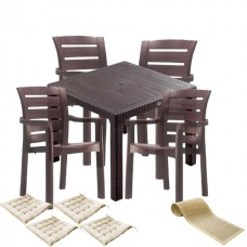 Mobilier exterior CULINARO PALMSE imitatie ratan, masa patrata 90x90x75cm, 4 scaune D60xH90xW57xSH45cm polipropilena/fibra sticla maro, 4 perne scaun, traversa 