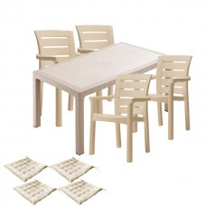 Mobila gradina CULINARO PALMSE imitatie ratan, masa 90x150x75cm, 4 scaune D60xH90xW57xSH45cm polipropilena/fibra sticla culoare cappuccino, 4 perne scaun