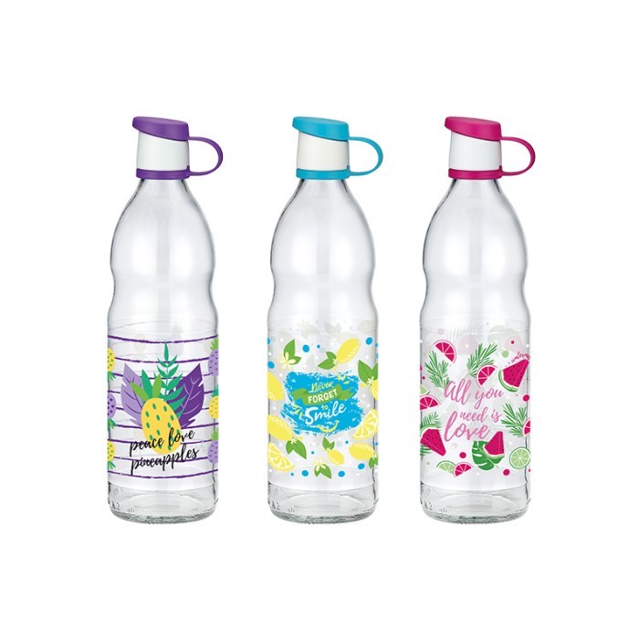 Sticla pentru apa cu decor RAKI ZEN, 1l, din sticla, diferite decoruri si culori
