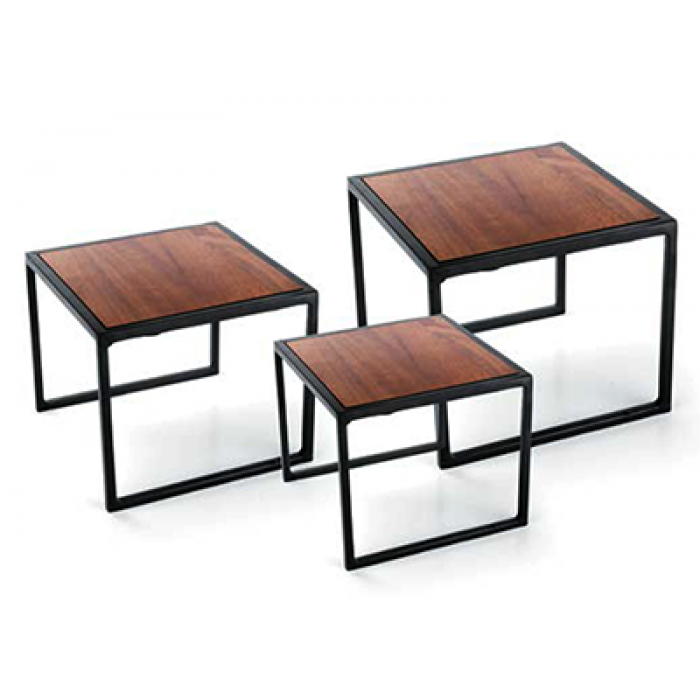 Set 3 standuri bufet RAKI, metal cu blat lemn, 15x15xh7,5cm/20x20xh10cm/25x25xh12cm