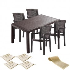 Mobiler terasa set CULINARO KEILA imitatie ratan, masa 90x150x75cm, 4 scaune 57x60xH90cm polipropilena/fibra sticla maro, 4 perne scaun, traversa 