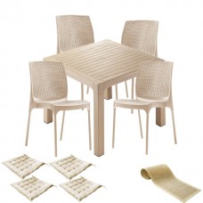 Set mobilier gradina CULINARO KAHTLA, masa patrata 90x90x75cm, 4 scaune 44x45xH84cm polipropilena/fibra sticla culoare cappuccino, 4 perne scaun, traversa 