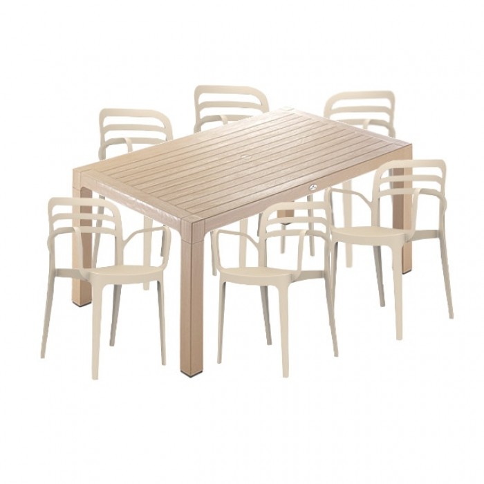 Set restaurant CULINARO AKSI, masa 90x150x75cm culoare cappuccino, 6 scaune 54,5x45,3xH84,6cm polipropilena/fibra sticla culoare bej
