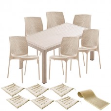 Set exterior gradina, terasa CULINARO VIHULA imitatie ratan, masa 90x150x75cm, 6 scaune D56xH84xW45xSH45cm polipropilena/fibra sticla culoare cappuccino, 6 perne scaun, traversa PANARI 40x150cm