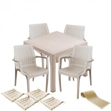 Set terasa CULINARO SAKU imitatie ratan, masa patrata 90x90x75cm, 4 scaune 57x57xH84cm polipropilena/fibra sticla culoare cappuccino, 4 perne scaun, traversa 