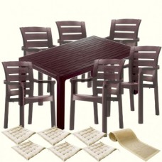 Set exterior gradina CULINARO PARNU, masa 90x150x75cm, 6 scaune D60xH90xW57xSH45cm polipropilena/fibra sticla maro, 6 perne scaun, traversa 