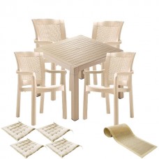 Set mobilier gradina CULINARO RISTI, masa patrata 90x90x75cm, 4 scaune 57x60xH90cm polipropilena/fibra sticla culoare cappuccino, 4 perne scaun, traversa 