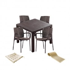 Set exterior gradina CULINARO SAKU imitatie ratan, masa patrata 90x90x75cm, 4 scaune 57x57xH84cm polipropilena/fibra sticla maro, 4 perne scaun