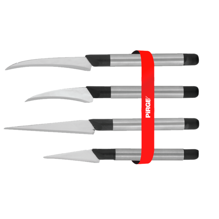 Set cutite carving curbate PIRGE, pentru decorat si decojit fructe, 4 bucati, otel inoxidabil
